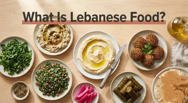 Lebanese mezze spread with hummus, baba ganoush, tabbouleh, and pickles. Text reads What Is Lebanese Food