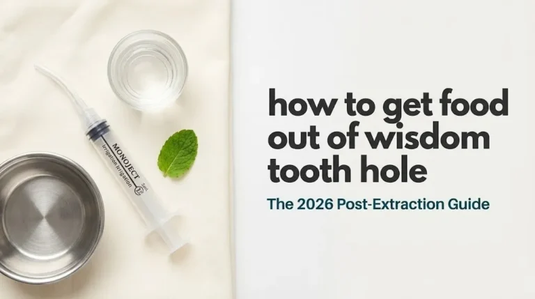 Medical irrigation syringe and saline cup on a clean drape next to the text how to get food out of wisdom tooth hole.
