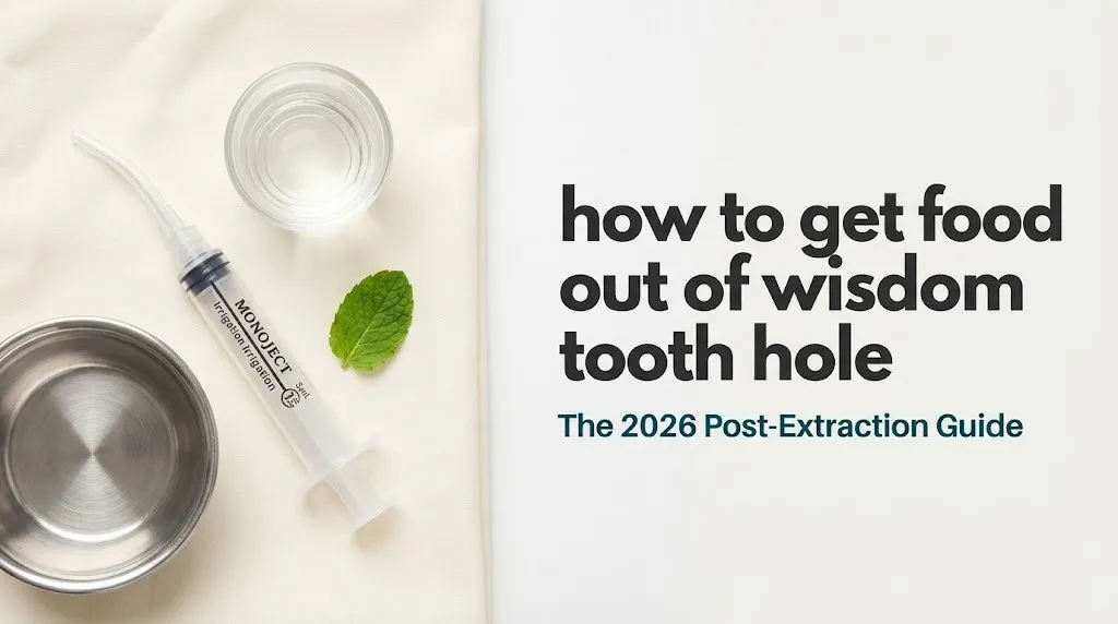 Medical irrigation syringe and saline cup on a clean drape next to the text how to get food out of wisdom tooth hole.