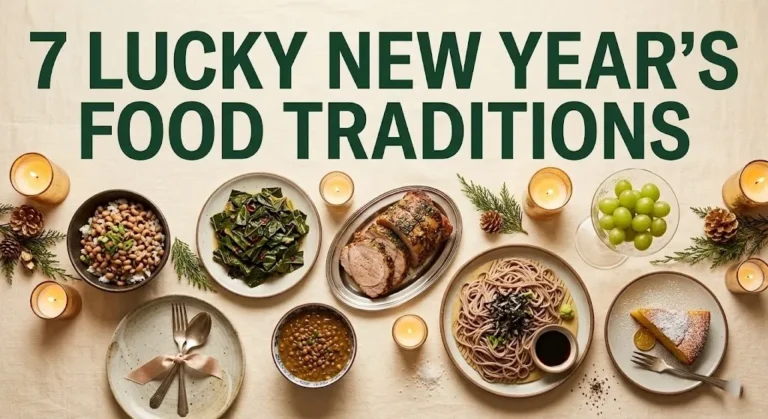 New Year's table with seven lucky foods, including black-eyed peas, grapes, and cake, text 7 lucky new year's food traditions.