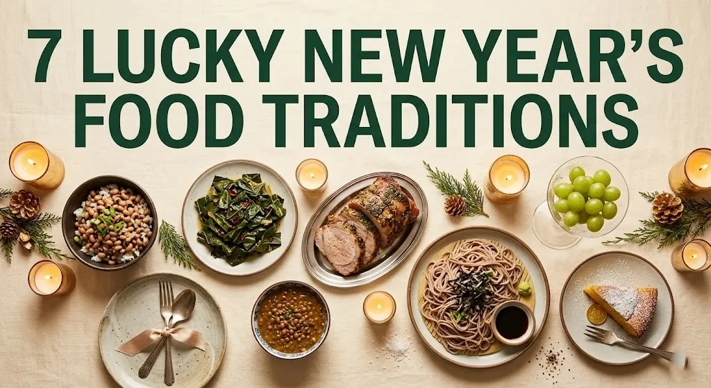 New Year's table with seven lucky foods, including black-eyed peas, grapes, and cake, text 7 lucky new year's food traditions.