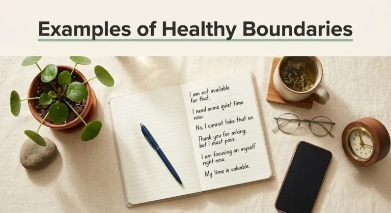Notebook with boundary phrases, a plant, tea, clock, and phone. Text reads Examples of Healthy Boundaries.