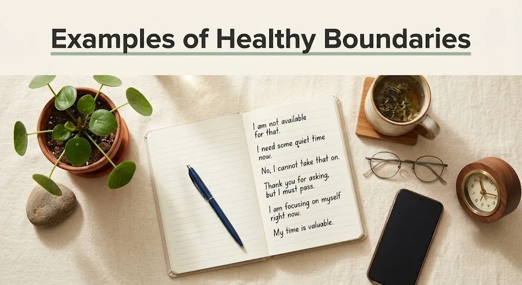 Notebook with boundary phrases, a plant, tea, clock, and phone. Text reads Examples of Healthy Boundaries.