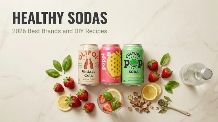 Olipop, Poppi, and Culture Pop cans with homemade sparkling water with strawberries and basil. Headline reads Healthy Sodas.