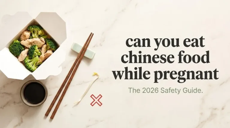 Open Chinese takeout box with steamed chicken and broccoli next to the headline can you eat chinese food while pregnant.