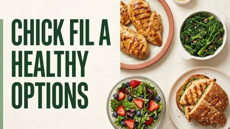 Overhead flat-lay of Chick-fil-A healthy options including grilled chicken, superfood side, and market salad on a cream background.