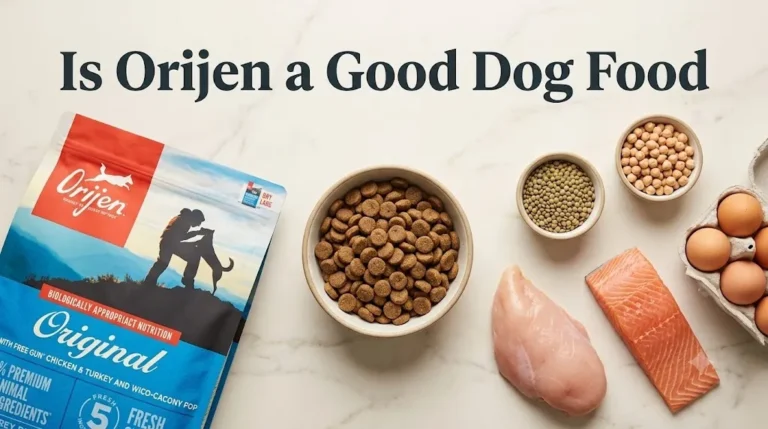 Overhead flat-lay of Orijen kibble in a bowl with fresh chicken, salmon, eggs, lentils, and the Orijen bag with Is Orijen a Good Dog Food title text.