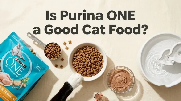 Overhead flat-lay of Purina ONE dry and wet cat food with a cat paw reaching toward the bowl, featuring the title Is Purina ONE a Good Cat Food