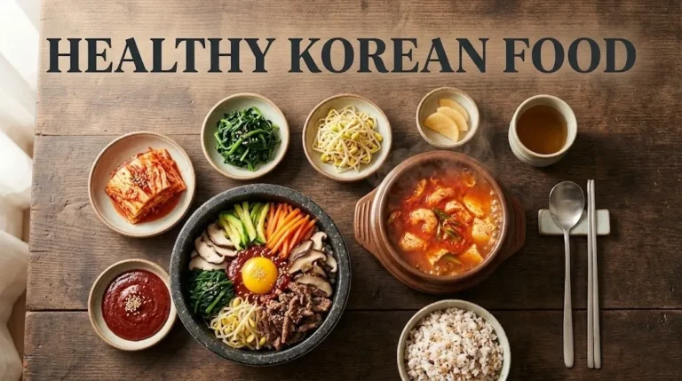 Overhead flat-lay of a Korean bansang table with bibimbap, sundubu jjigae, and banchan including kimchi and spinach with Healthy Korean Food title text.