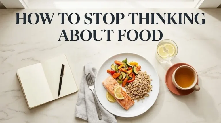 Overhead flat-lay of a balanced meal with salmon and vegetables, a journal, and tea with How to Stop Thinking About Food title text in bold charcoal.