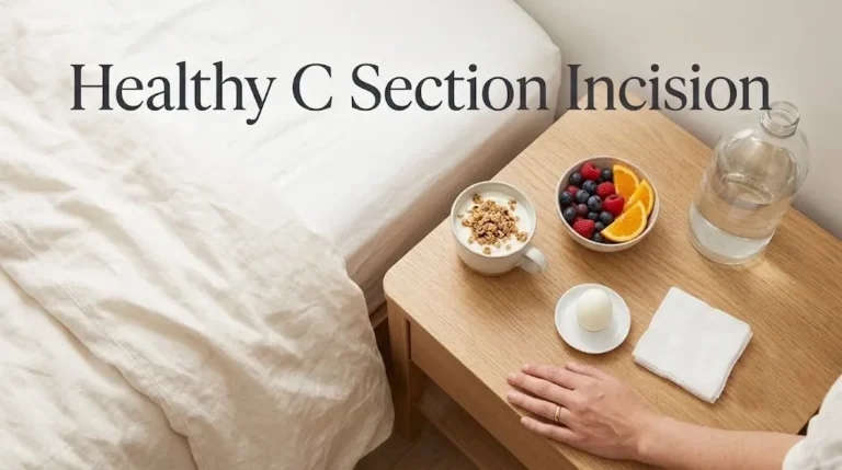 Overhead flat-lay of a bedside table with water, fruit, yogurt, egg, and gauze with Healthy C Section Incision title text in soft charcoal.