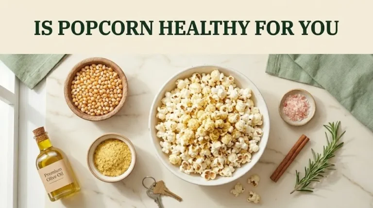 Overhead flat lay of a bowl of healthy popcorn with kernels and seasonings, with article title text asking is popcorn healthy for you.