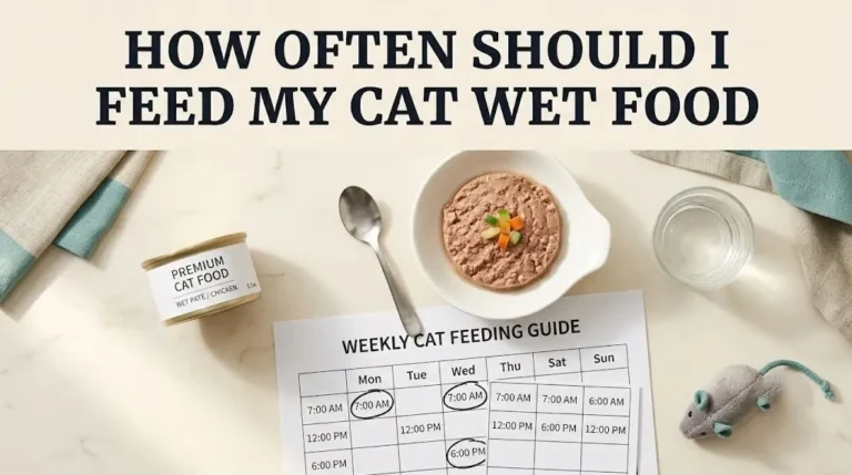 Overhead flat lay of a cat food bowl with wet pate a food can and feeding schedule chart.