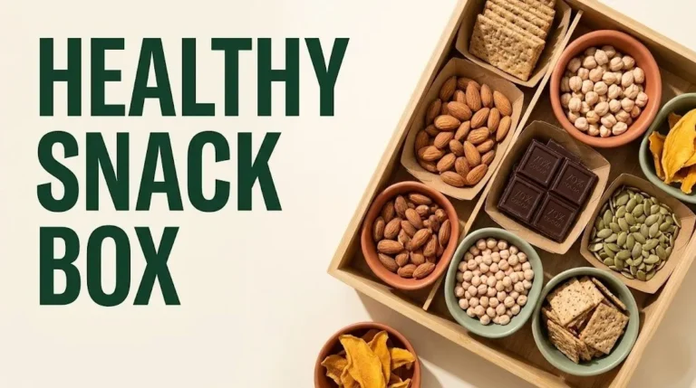 Overhead flat-lay of a curated healthy snack box with nuts, seeds, dark chocolate, and dried fruit on a cream background.