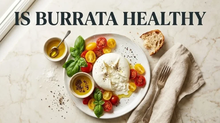 Overhead flat-lay of a cut burrata ball with creamy stracciatella interior, tomatoes, basil, and olive oil with Is Burrata Healthy title text in bold charcoal.