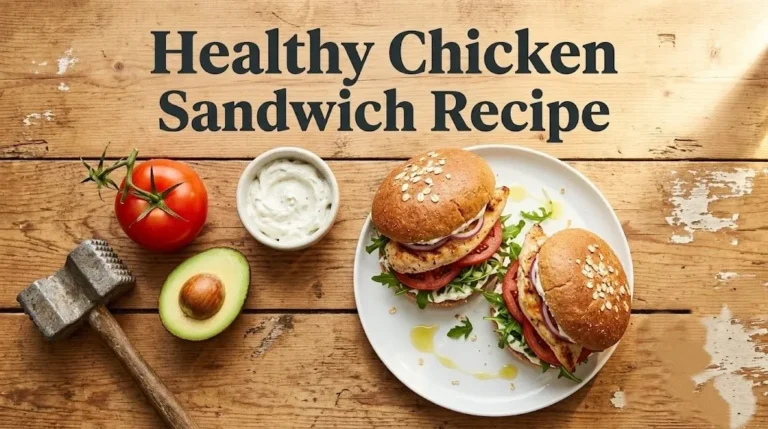 Overhead flat-lay of a cut healthy grilled chicken sandwich on whole wheat bun and meat mallet with Healthy Chicken Sandwich Recipe title text.