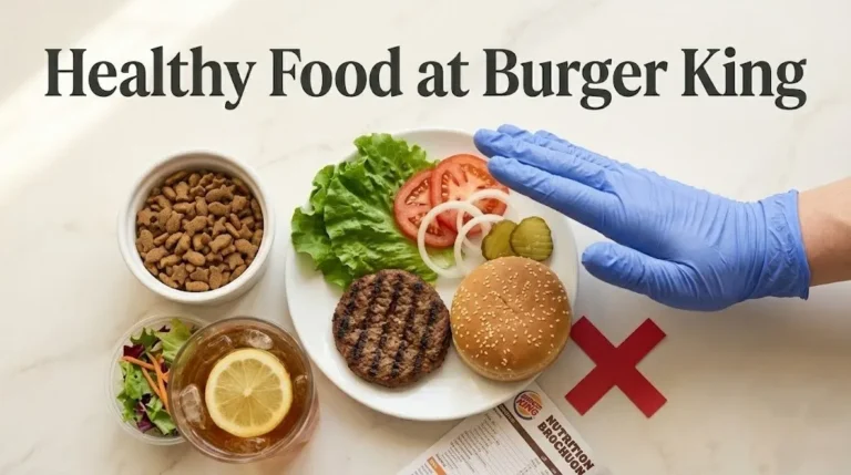 Overhead flat-lay of a deconstructed Whopper Jr. with fresh vegetables, side salad, and iced tea with Healthy Food at Burger King title text in bold charcoal.
