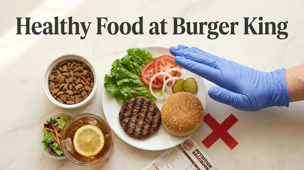 Overhead flat-lay of a deconstructed Whopper Jr. with fresh vegetables, side salad, and iced tea with Healthy Food at Burger King title text in bold charcoal.