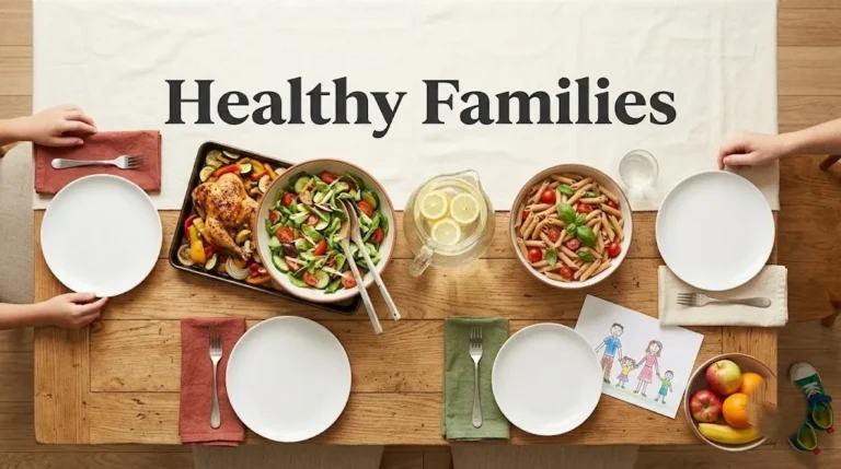 Overhead flat-lay of a family dinner table with roasted chicken, vegetables, salad, pasta, and water with Healthy Families title text in warm charcoal.
