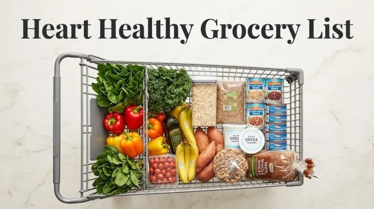 Overhead flat-lay of a grocery cart filled with heart-healthy foods including produce, oats, and salmon with Heart Healthy Grocery List title text.