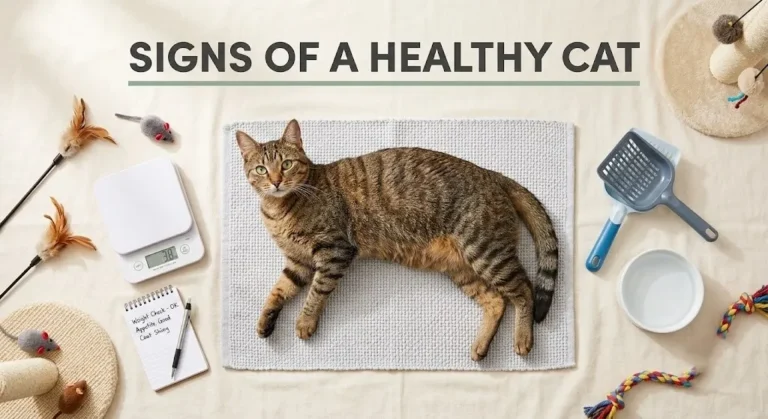 Overhead flat-lay of a healthy tabby cat lounging on a mat with a scale and toy. Text reads Signs of a Healthy Cat.