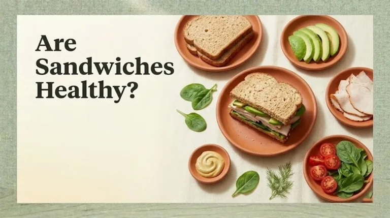 Overhead flat-lay of a healthy turkey and avocado sandwich on whole grain bread with the text Are Sandwiches Healthy displayed prominently.