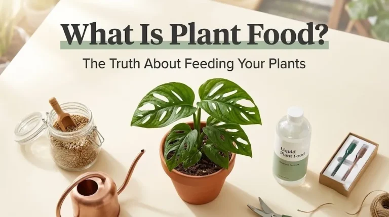 Overhead flat-lay of a potted Monstera with fertilizer and watering supplies. Text overlay reads What Is Plant Food.