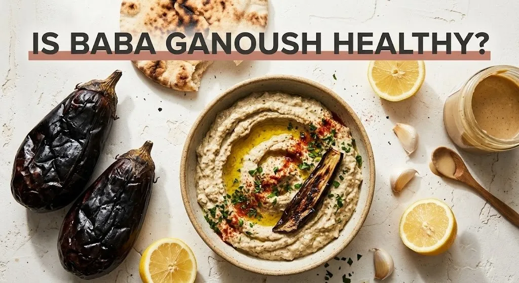 Overhead flat-lay of baba ganoush in a bowl with charred eggplants and olive oil. Text reads Is Baba Ganoush Healthy.