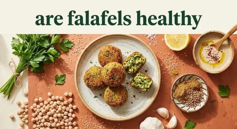 Overhead flat lay of baked falafel on a plate surrounded by chickpeas, herbs, tahini, and spices, with article title asking are falafels healthy.