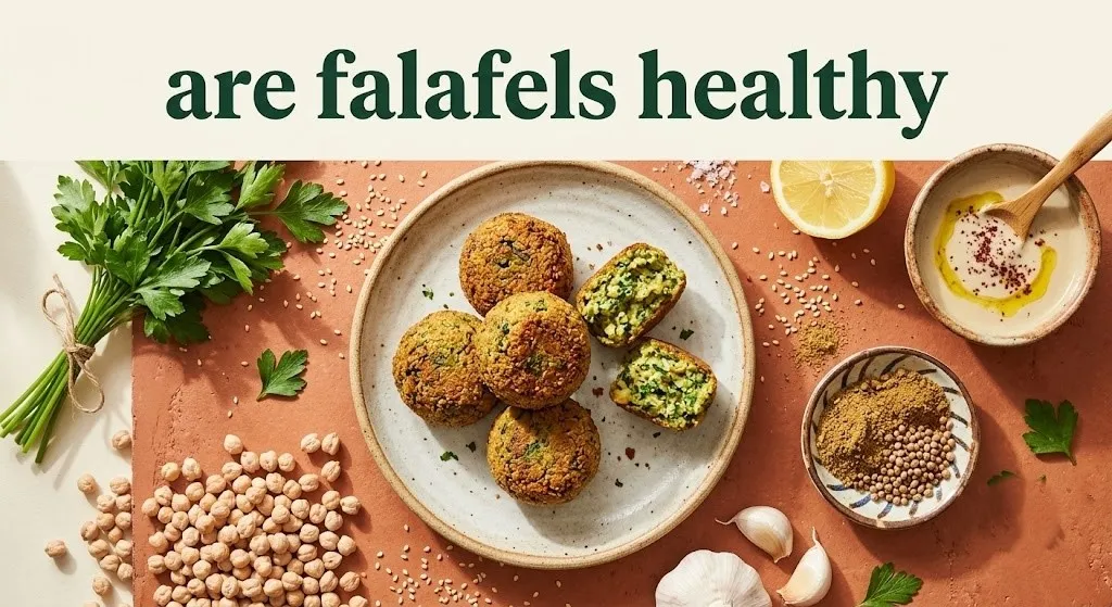 Overhead flat lay of baked falafel on a plate surrounded by chickpeas, herbs, tahini, and spices, with article title asking are falafels healthy.