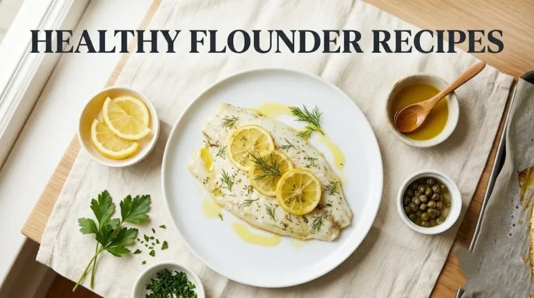 Overhead flat-lay of baked flounder fillet with lemon, herbs, and olive oil on a white plate with Healthy Flounder Recipes title text in bold charcoal.