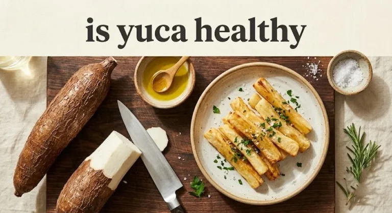 Overhead flat lay of baked yuca fries with a whole yuca root, peeled yuca, and olive oil, with article title asking is yuca healthy.