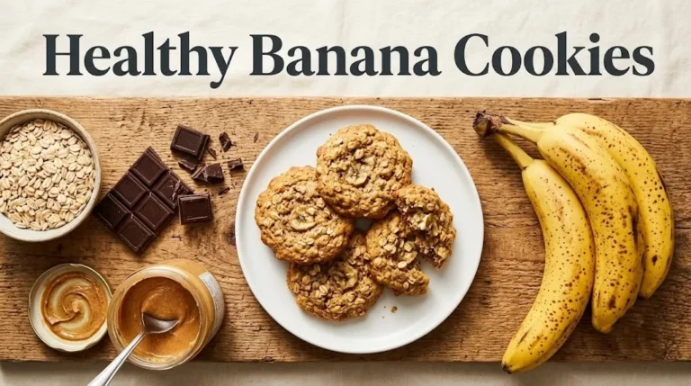 Overhead flat-lay of banana oat cookies on a plate with ripe bananas, rolled oats, dark chocolate, and peanut butter with Healthy Banana Cookies title text.