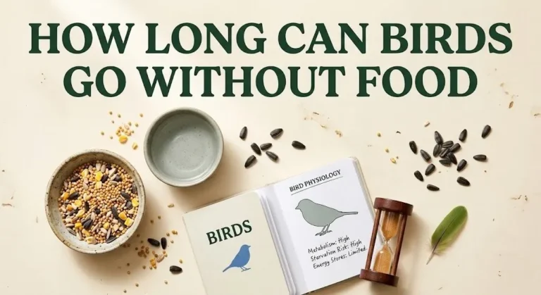 Overhead flat lay of bird seed bowl, water dish, sunflower seeds and hourglass, with article title asking how long can birds go without food.