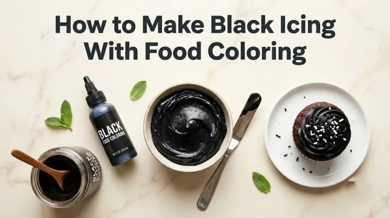 Overhead flat-lay of black buttercream icing and a frosted cupcake with the headline How to Make Black Icing With Food Coloring as text overlay.