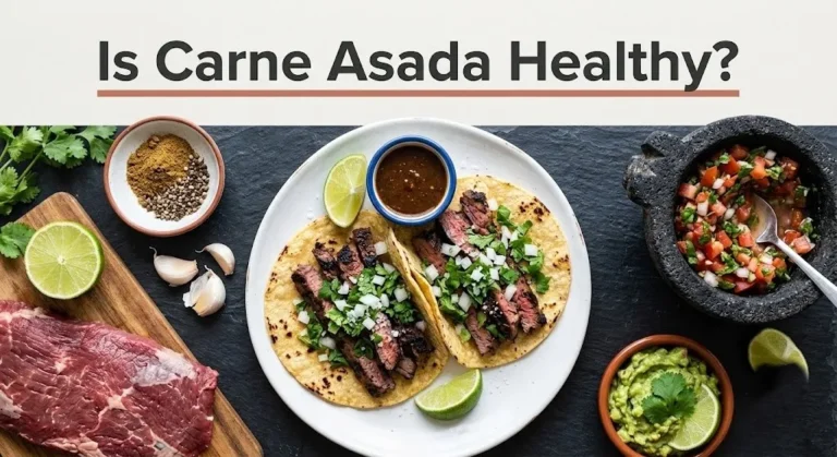 Overhead flat-lay of carne asada tacos on corn tortillas with onion and guacamole. Text reads Is Carne Asada Healthy