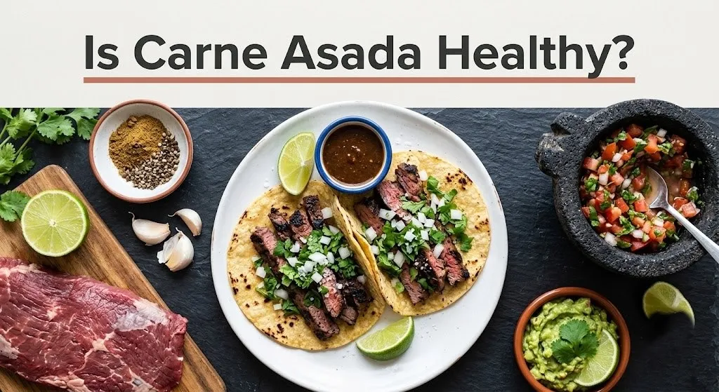 Overhead flat-lay of carne asada tacos on corn tortillas with onion and guacamole. Text reads Is Carne Asada Healthy