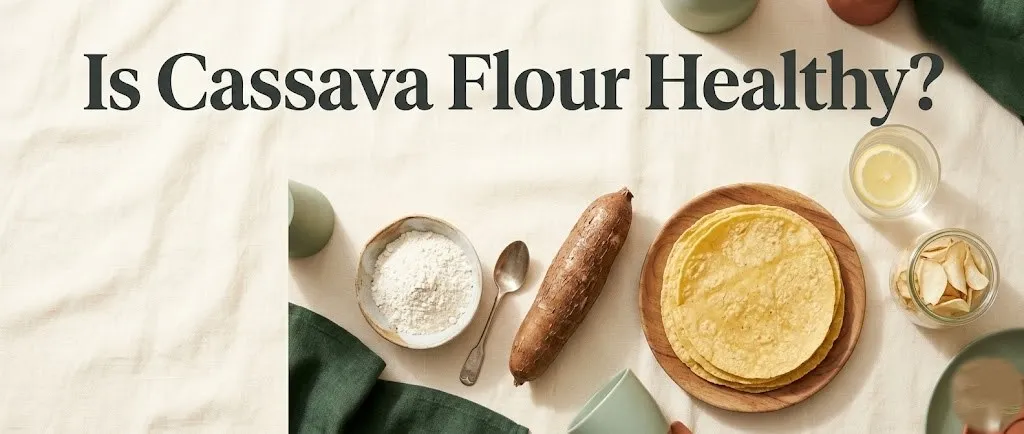 Overhead flat-lay of cassava flour, whole cassava root, tortillas, and chips with Is Cassava Flour Healthy title text.
