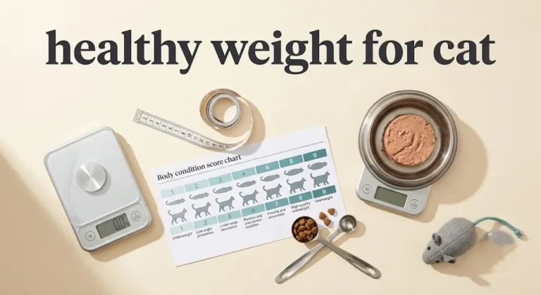Overhead flat lay of cat weight assessment tools with a body condition score chart and gram scale, with article title healthy weight for cat.
