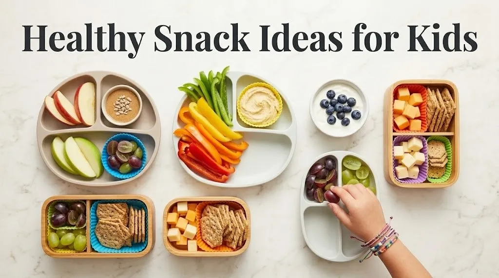 Overhead flat-lay of children's snack plates with apple slices, peppers, hummus, grapes, cheese, crackers, and yogurt with Healthy Snack Ideas for Kids title text.