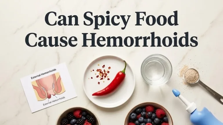 Overhead flat-lay of chili pepper, chili flakes, anatomical diagram, psyllium fiber, berries, and peri bottle with Can Spicy Food Cause Hemorrhoids title text.