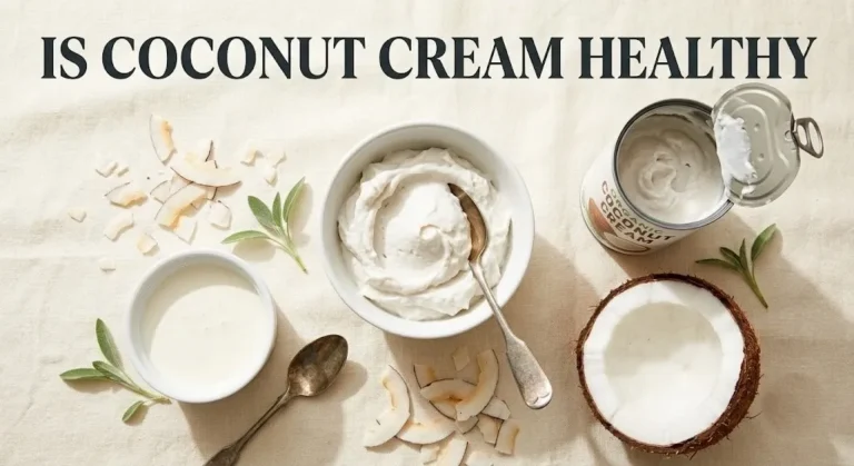Overhead flat-lay of coconut cream in a bowl, a coconut cream can and heavy cream with Is Coconut Cream Healthy title text displayed in bold.