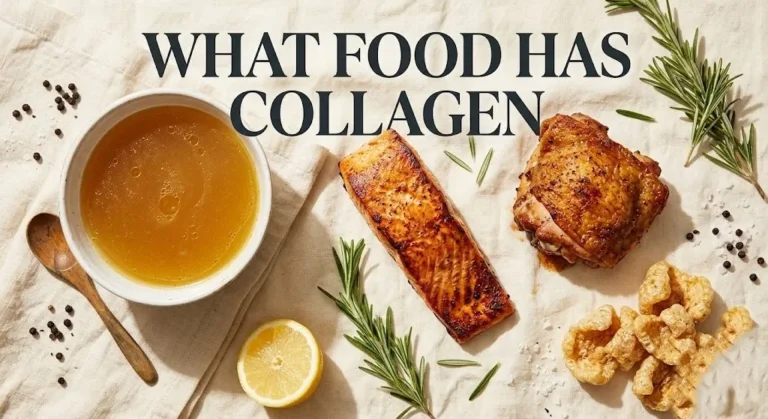 Overhead flat-lay of collagen-rich foods including bone broth, salmon skin, chicken skin with the title What Food Has Collagen displayed as bold text.