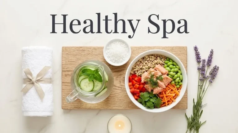 Overhead flat-lay of cucumber mint spa water, a salmon quinoa spa lunch bowl, towel and candle with Healthy Spa title text in charcoal.