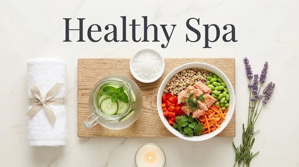 Overhead flat-lay of cucumber mint spa water, a salmon quinoa spa lunch bowl, towel and candle with Healthy Spa title text in charcoal.