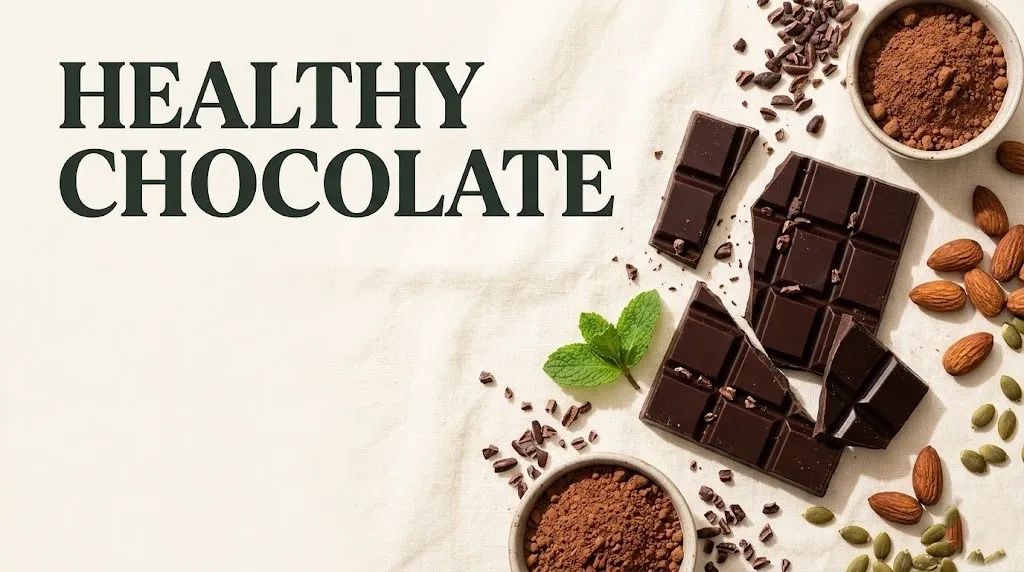 Overhead flat-lay of dark healthy chocolate bars with cacao nibs and nuts on a cream linen background