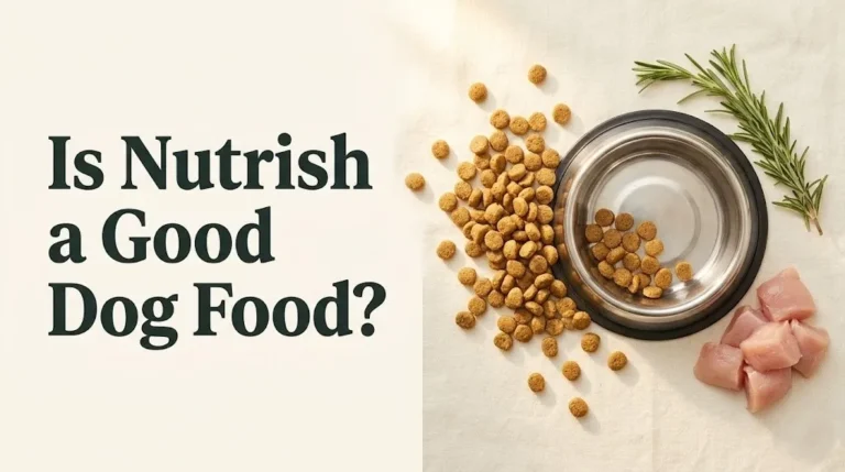 Overhead flat-lay of dog kibble with bowl and chicken beside headline text Is Nutrish a Good Dog Food