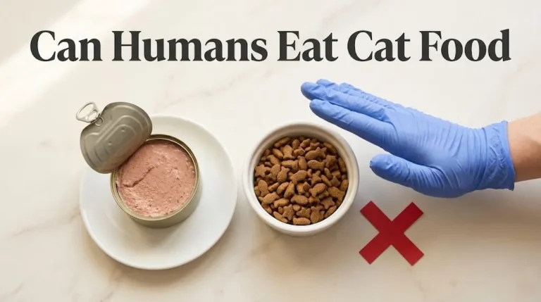 Overhead flat-lay of dry and wet cat food in bowls with a cautionary red X and Can Humans Eat Cat Food title text in bold charcoal.