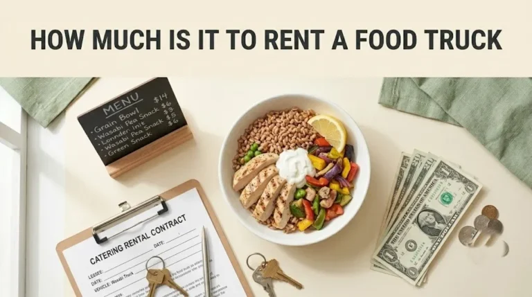Overhead flat lay of food truck rental cost concept with healthy grain bowl, menu board, contract, and currency, with article title text overlay.