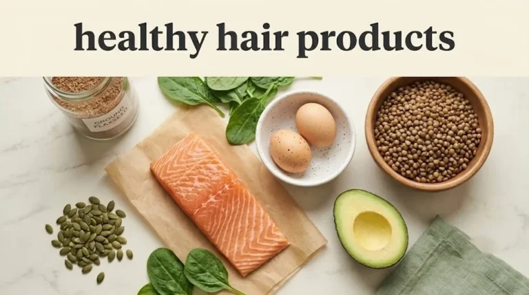 Overhead flat lay of foods for healthy hair products including salmon, eggs, spinach, and pumpkin seeds with article title text overlay.